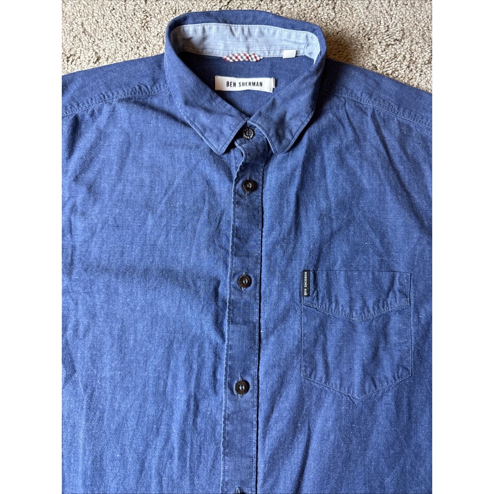 Ben Sherman Denim Button Down Shirt Men's Sz L Gray Regular Fit Collared Pocket‎